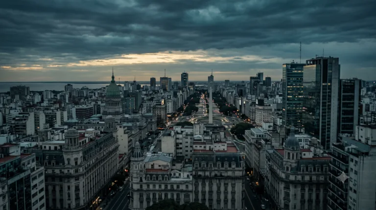 Skyline di una metropoli brasiliana al tramonto con cielo nuvoloso e grattacieli illuminati tra edifici storici.