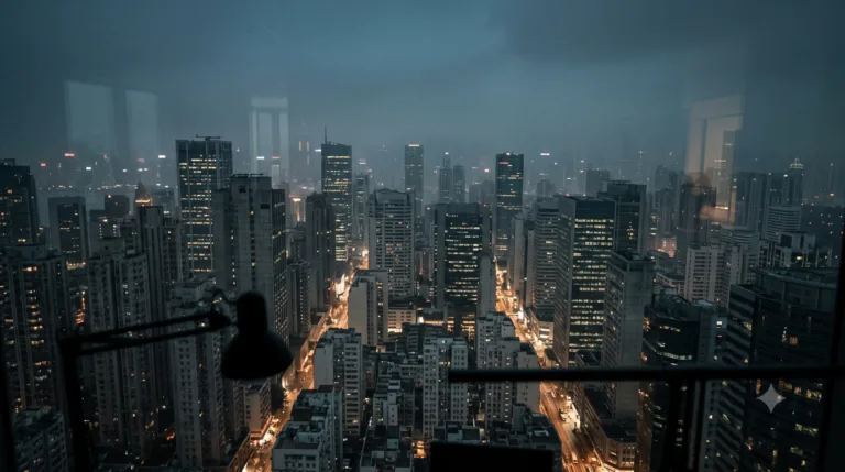 Skyline urbano notturno con grattacieli illuminati e strade trafficate sotto cielo coperto.