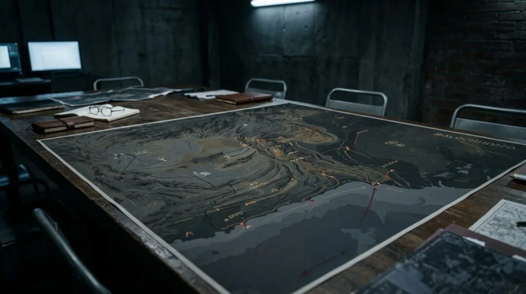 Mappa topografica del Balochistan esposta su un tavolo in una sala operativa con monitor e documenti sullo sfondo.