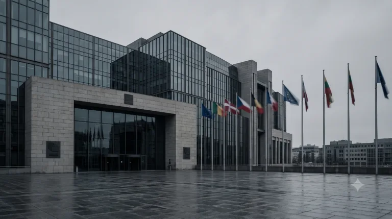 Edificio moderno con facciata in vetro e pietra, bandiere europee sventolano davanti, piazza bagnata dalla pioggia.