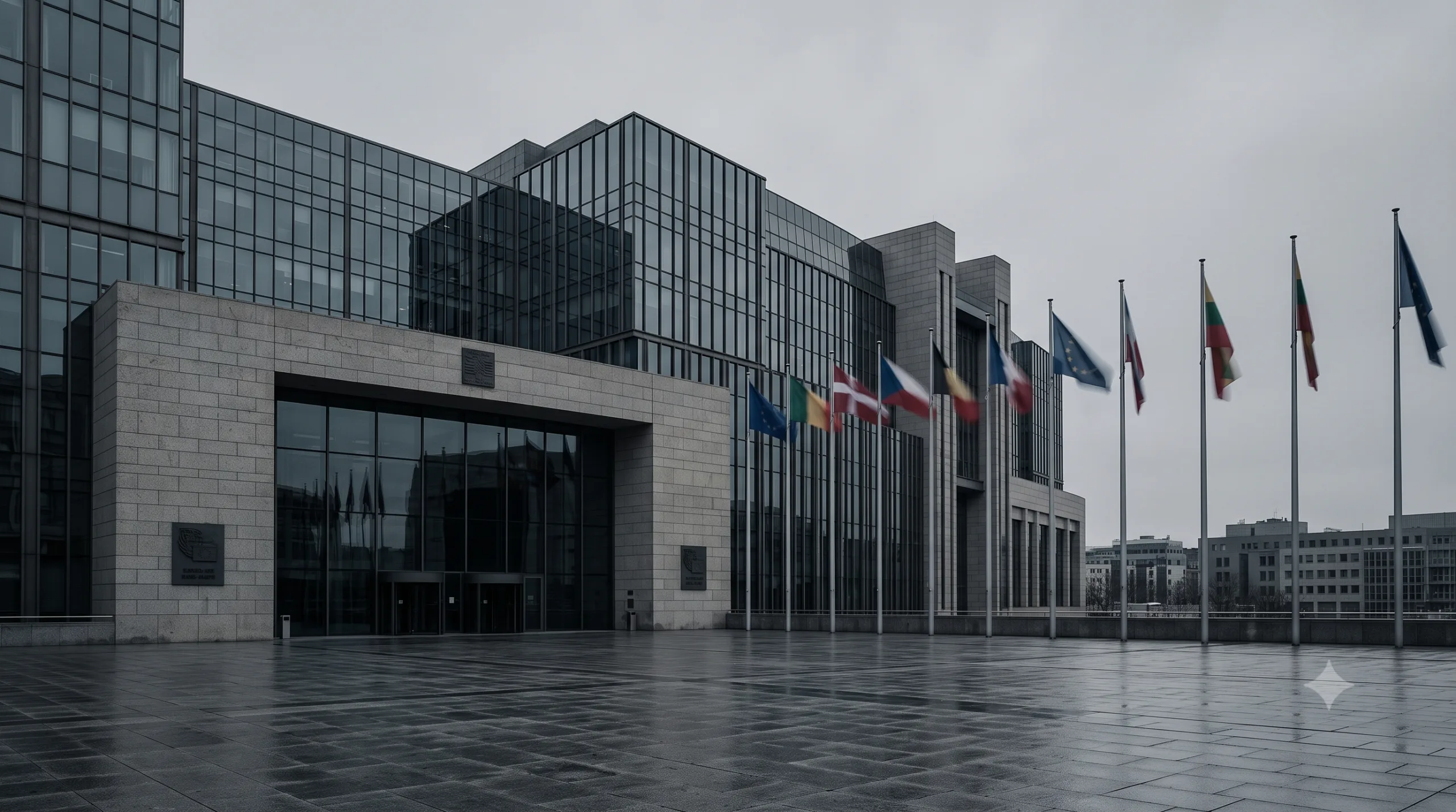 Edificio moderno con facciata in vetro e pietra, bandiere europee sventolano davanti, piazza bagnata dalla pioggia.