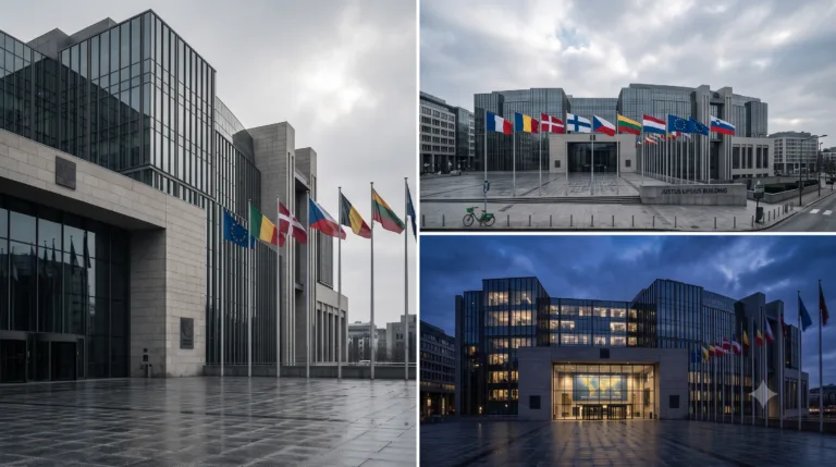 Tre vedute di edifici istituzionali europei con bandiere internazionali esposte, simboli di sedi diplomatiche e governative.