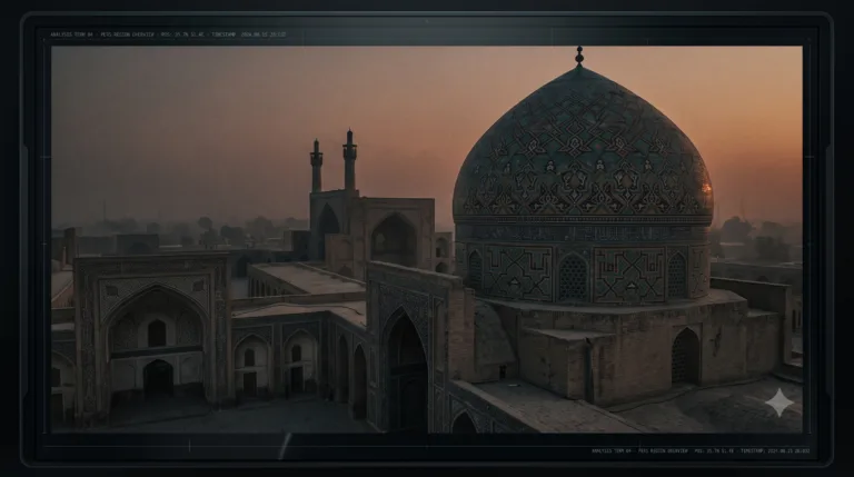 Moschea con cupola turquese e minareti al tramonto in una città mediorientale avvolta dalla nebbia.
