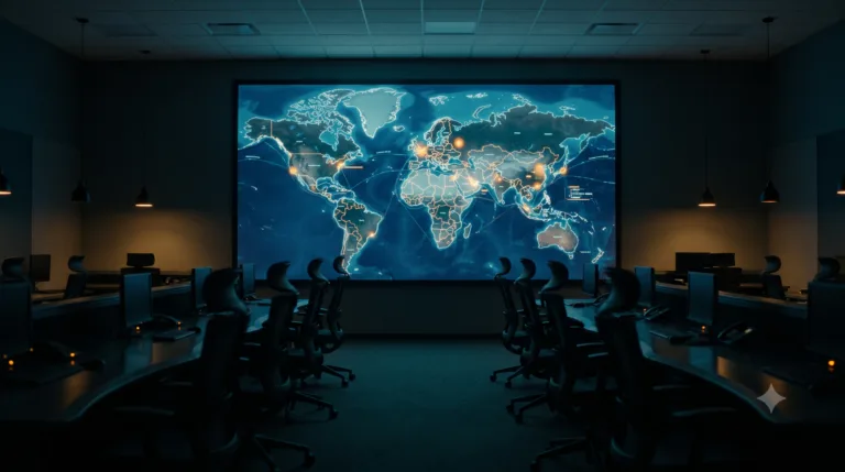 Sala di controllo con schermi illuminati che mostrano una mappa mondiale con punti strategici evidenziati in arancione.
