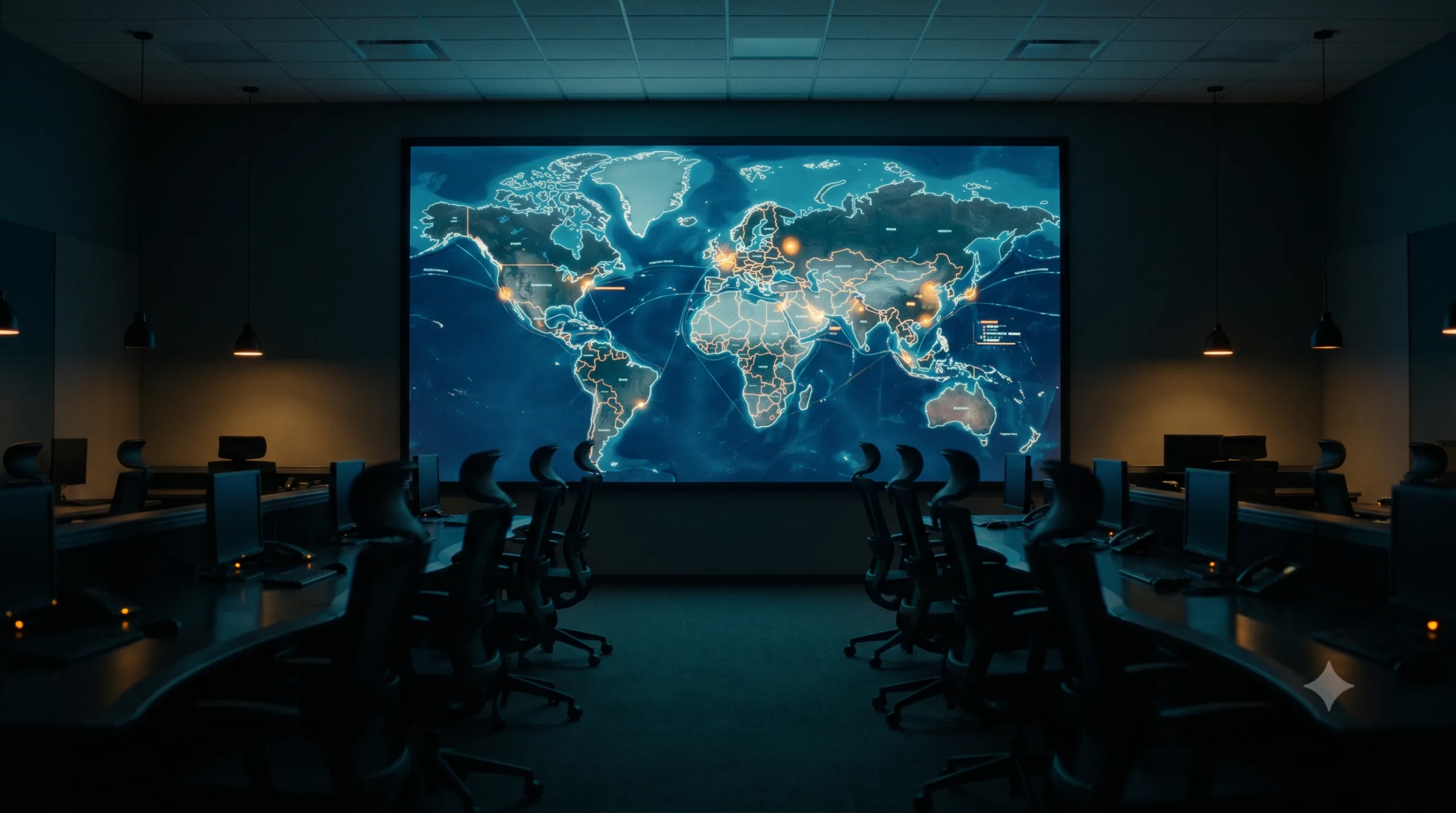 Sala di controllo con schermi illuminati che mostrano una mappa mondiale con punti strategici evidenziati in arancione.
