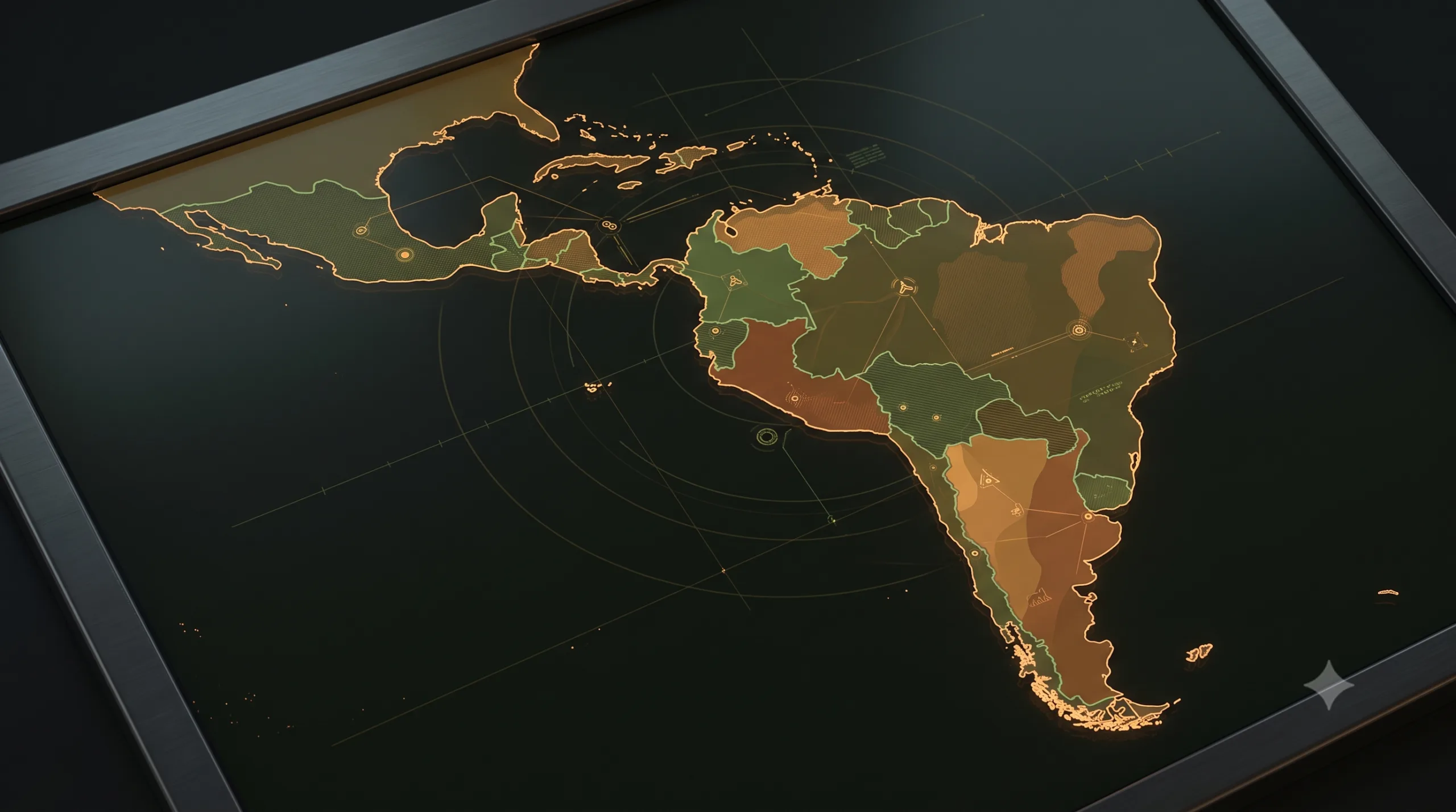 Mappa illuminata dell'America del Sud e Indonesia su schermo scuro, con diverse regioni colorate in tonalità dorate e verdi.