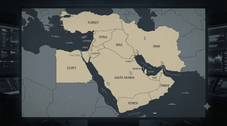 Mappa politica del Medio Oriente con paesi evidenziati in beige e grigio, mostrando Turchia, Siria, Iraq, Iran, Arabia…
