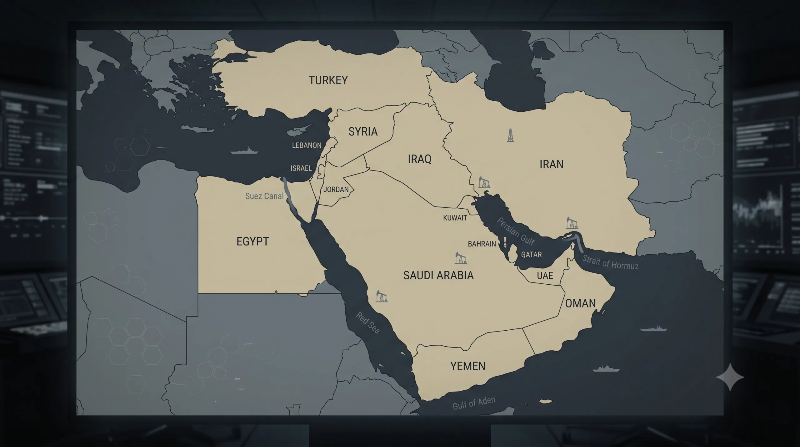 Mappa politica del Medio Oriente con paesi evidenziati in beige e grigio, mostrando Turchia, Siria, Iraq, Iran, Arabia…