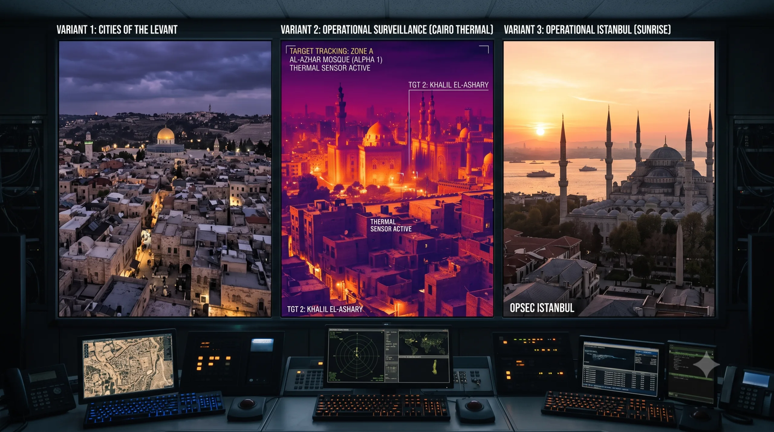 Tre varianti di sorveglianza operativa di una città notturna: vista aerea, immagine termica e alba con moschea.