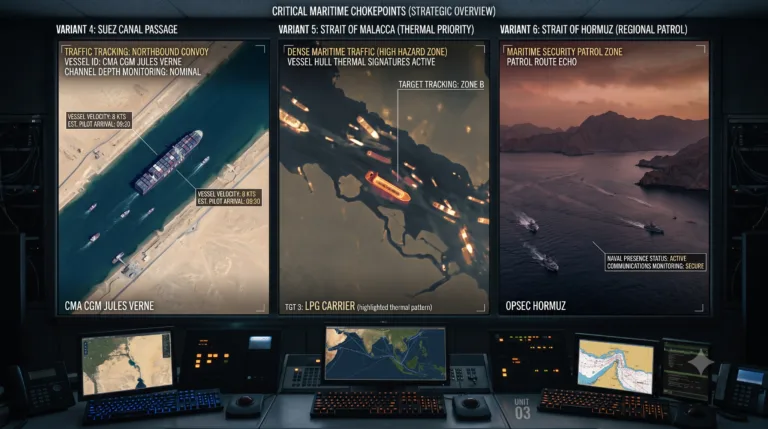 Tre immagini satellitari di zone marittime con monitoraggio termico e traffico navale su schermi di controllo operativo.