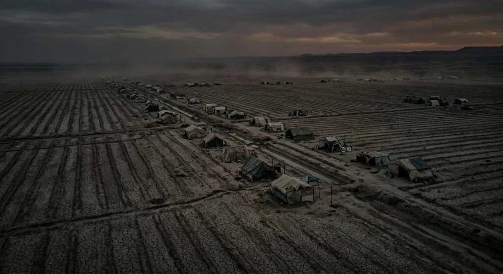 Campi agricoli devastati attraversati da una strada con edifici distrutti e cielo nuvoloso al tramonto.