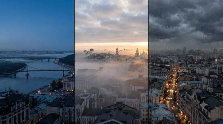 Tre vedute di una città europea in diversi momenti: alba serena, nebbia mattutina e sera nuvolosa.