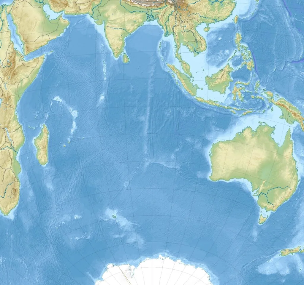 Mappa fisica dell'Oceano Indiano con i continenti circostanti: Asia a nord, Australia a est, Africa a ovest.
