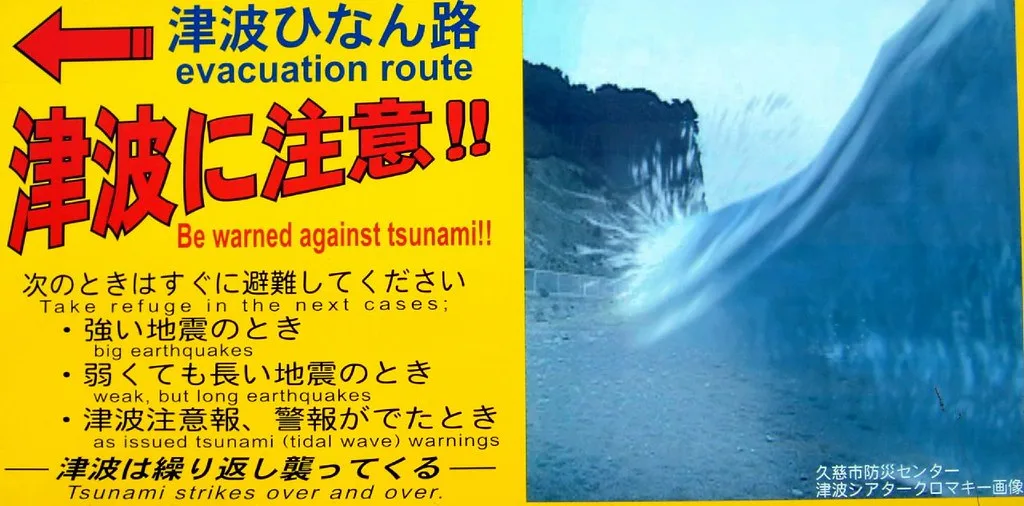 Cartello giallo di avvertenza tsunami con istruzioni in giapponese e inglese, accanto a un'onda anomala sulla costa.