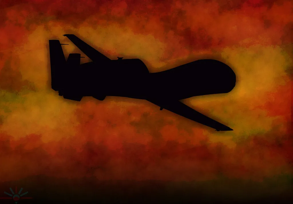 Sagoma nera di un drone militare in volo contro un cielo infuocato di rosso e arancio.