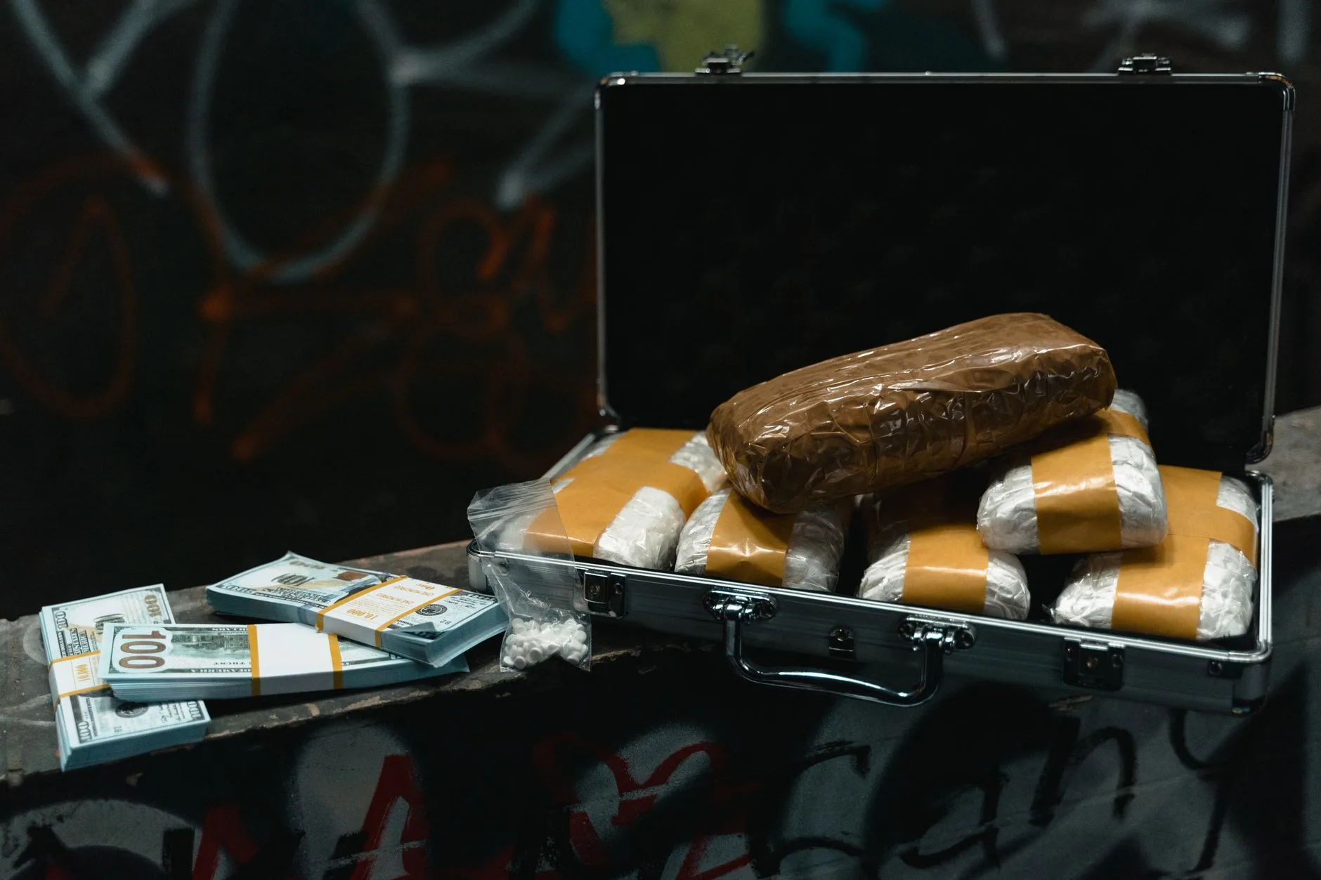 Valigia aperta contenente pacchetti di droga e banconote di dollari su superficie con graffiti.