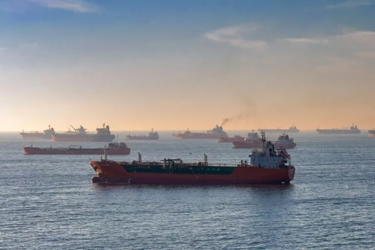 Una petroliera rosso-nera in primo piano e altre navi cargo sparse nell'orizzonte su acque tranquille al tramonto.