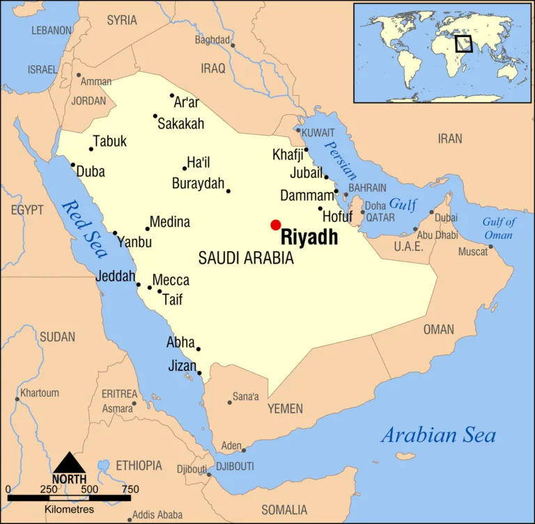 Mappa del Medio Oriente con Arabia Saudita in giallo e Riyad segnata con un punto rosso.