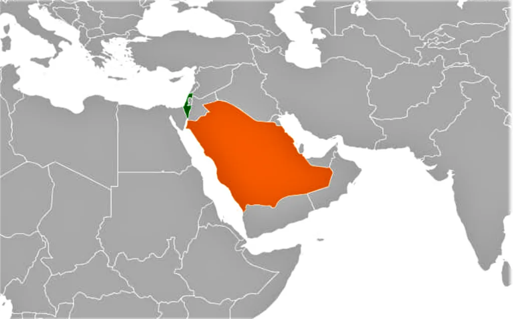 Carta geografica del Medio Oriente con l'Arabia Saudita evidenziata in rosso e Israele in verde.