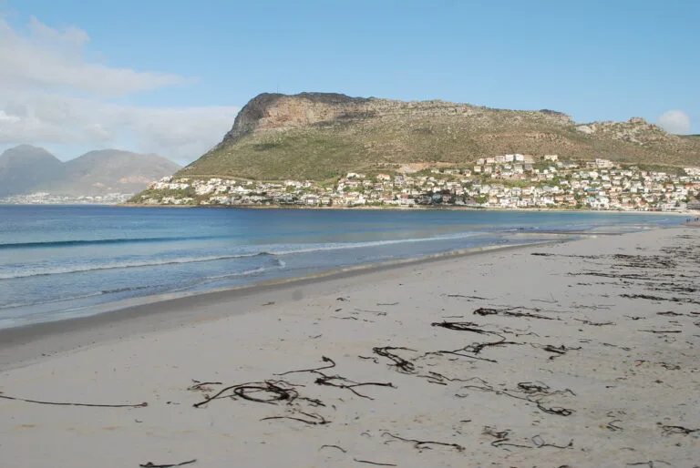 Spiaggia sabbiosa con alghe sulla riva, mare azzurro e montagna rocciosa con abitazioni sulle pendici.