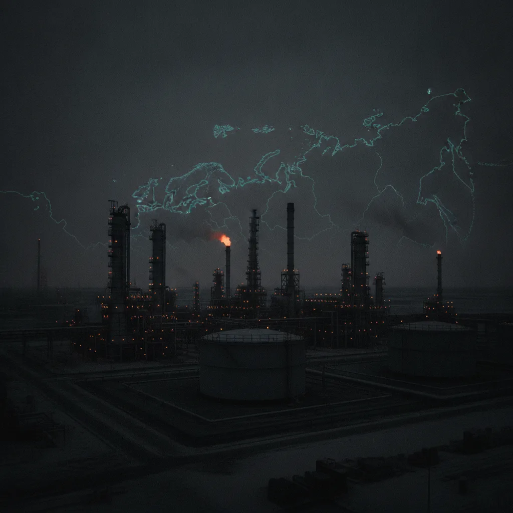 Raffineria petrolifera di notte con luci arancioni e mappa della Russia sullo sfondo scuro