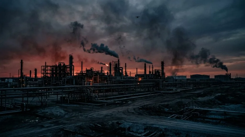Raffineria petrolifera di notte con fumo denso che sale da camini e strutture industriali illuminate da bagliori rossi.