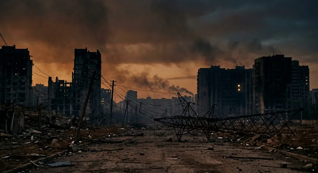 Paesaggio urbano devastato con edifici danneggiati, tralicci elettrici crollati e cielo rosso fumo al tramonto.
