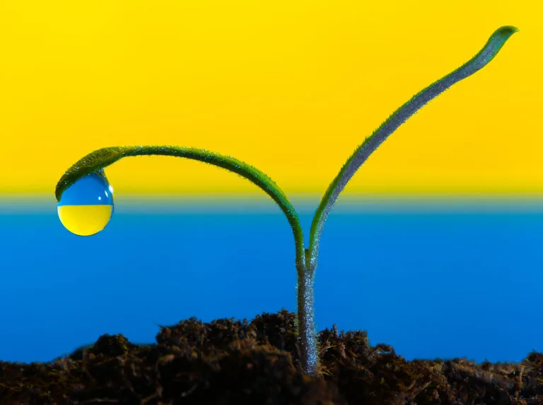 Germoglio con bandiera ucraina in una goccia d'acqua su sfondo giallo e blu.
