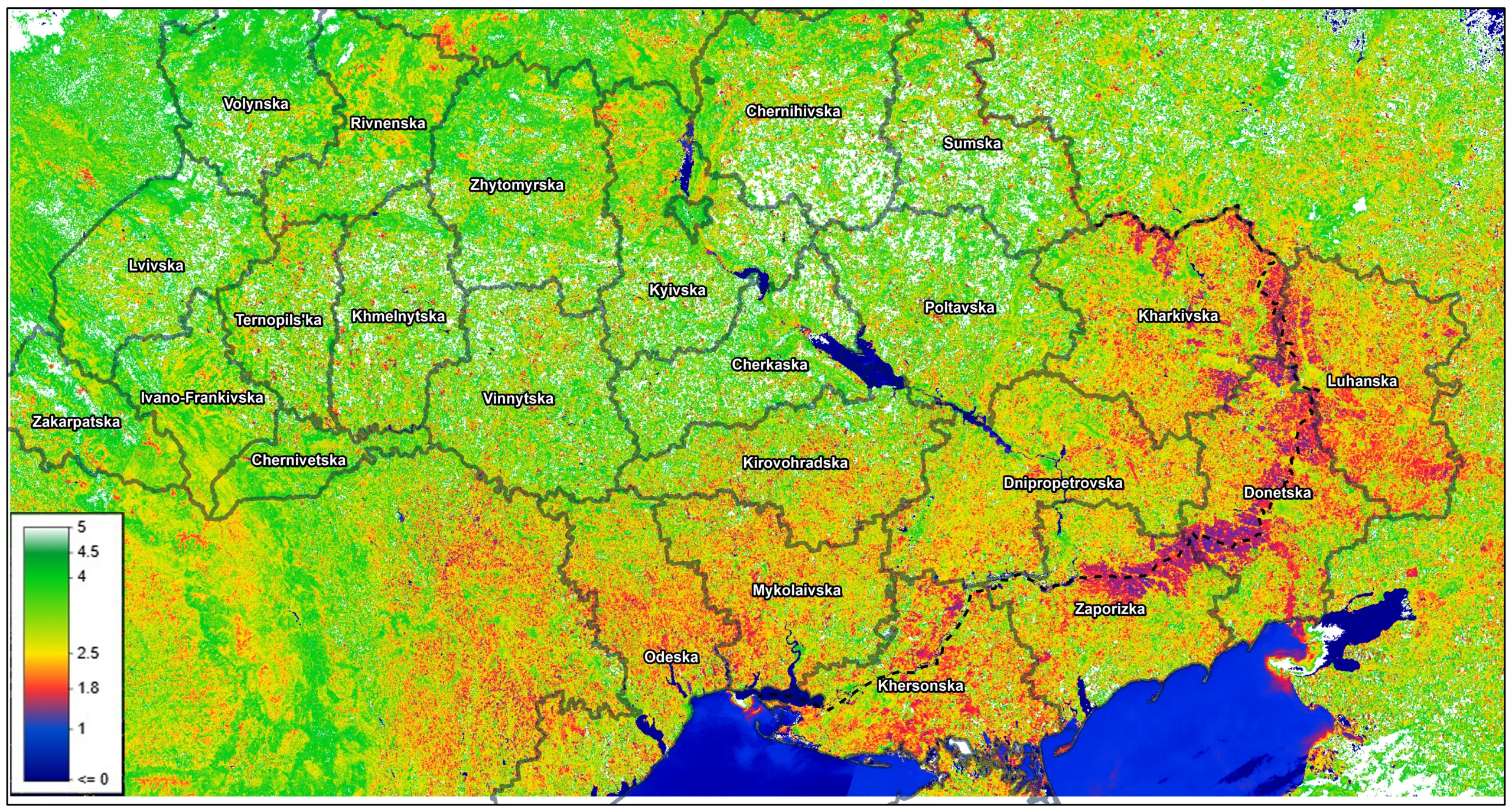 Mappa satellitare dell'Ucraina con gradazione di colori dal verde al rosso che evidenzia danni ambientali e vegetazione.