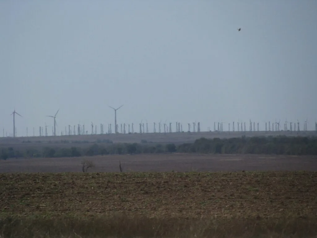 Parco eolico con numerose turbine visibili all'orizzonte dietro campi arati in primo piano.