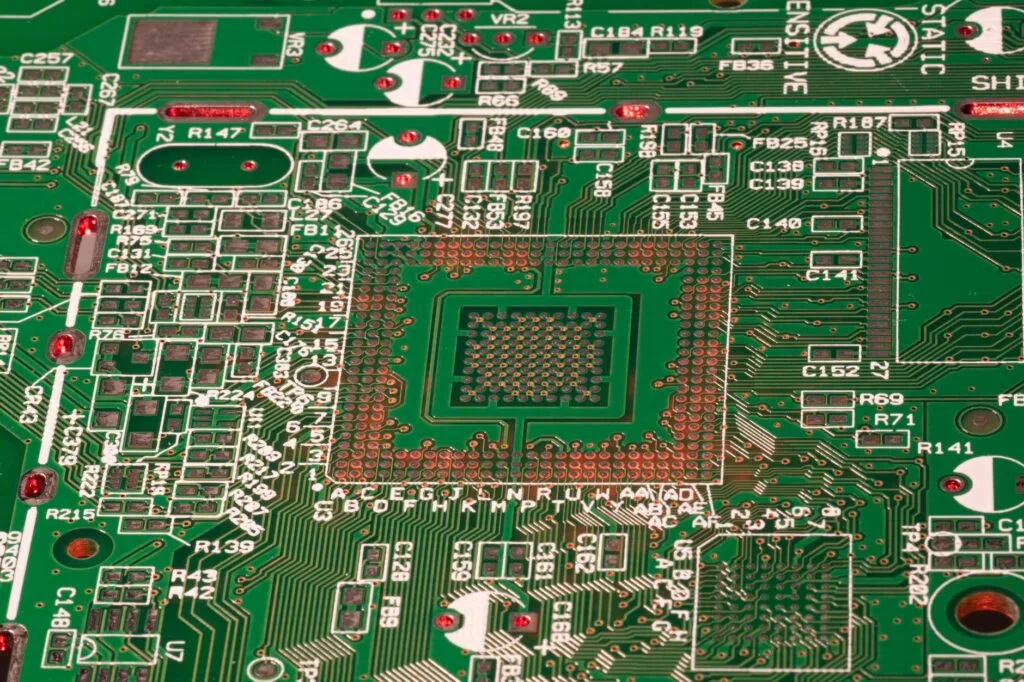 Scheda madre verde con componenti elettronici, resistori rossi e circuiti integrati stampati in dettaglio.